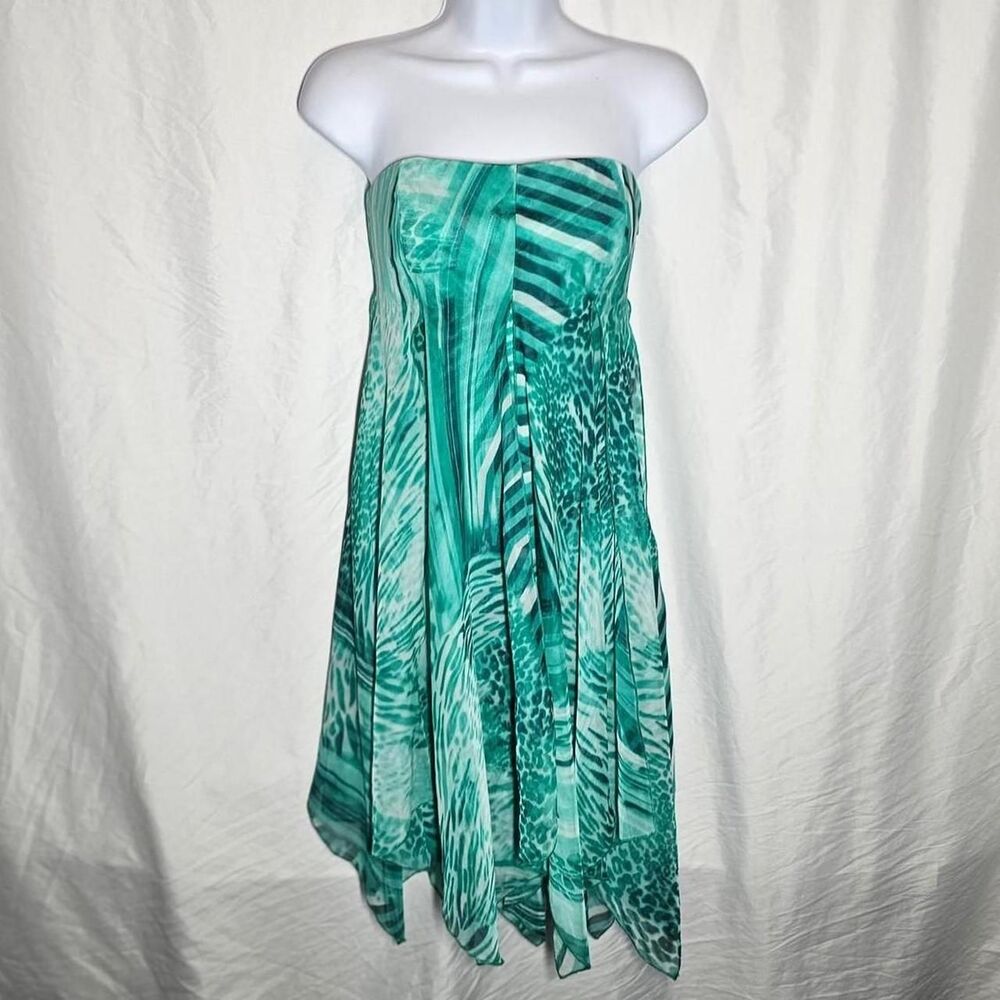 2000s coastal beachy mermaid blue green patterned a-line strapless dress